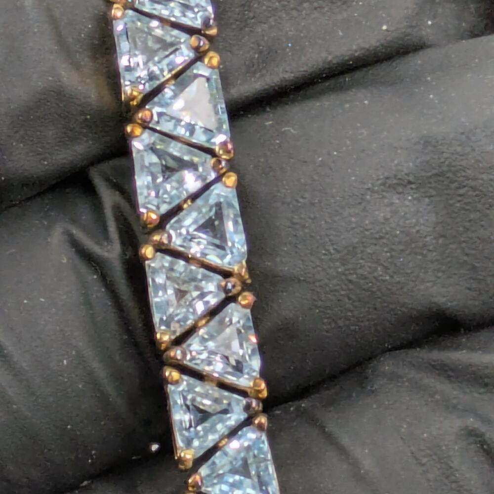 Lab Blue Topaz Trillion Cut Tennis Bracelet 7" S925 10K Gold Vermeil RF Signed - Picture 7 of 7